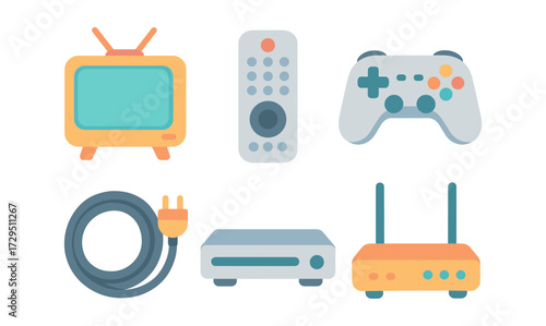 Flat electronic devices set: tv, remote, game controller, cable, receiver, router