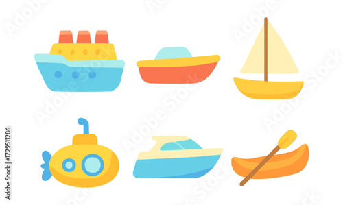 Colorful nautical transportation icons in flat cartoon style