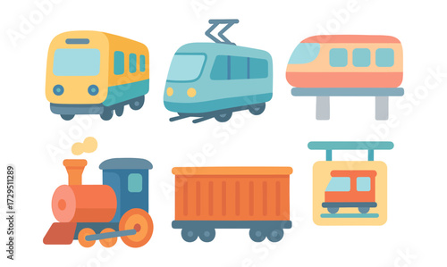 Colorful flat design icon set of various trains and transport vehicles