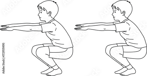 PrintSquat exercise illustration, side profile view, black and white line art, fitness posture, workout form, vector drawing, proper squat technique, training pose.