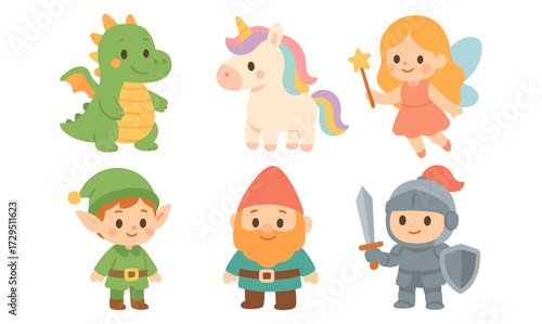 Cute fantasy characters set: dragon, unicorn, fairy, elf, dwarf, knight