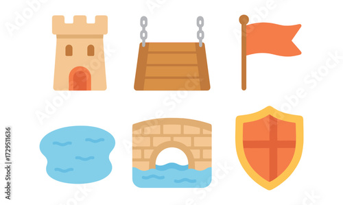 Medieval castle elements set with flat design icons of fortress and moat