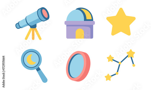 Colorful astronomy icons: telescope, observatory, star, magnifying glass, mirror, constellation