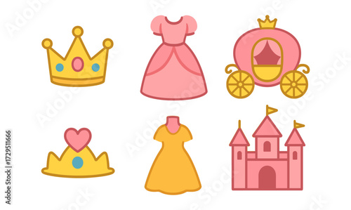 Fairy tale set: charming crown, dress, carriage, and castle icons in flat style