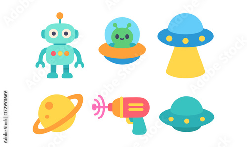 Playful space illustrations featuring robot, alien, ufos, and planet in bright flat design