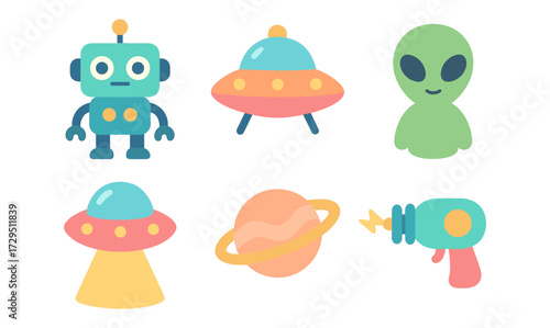 Colorful cartoon space set featuring robot, ufo, alien, planet, and ray gun