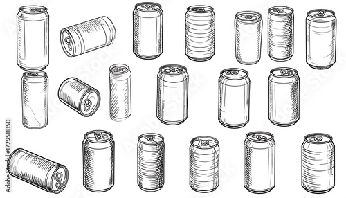Hand-drawn illustration of various soda cans