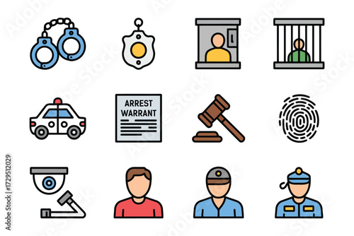 Collection of Law Enforcement Icons Depicting Crime Prevention and Justice Illustration Concept