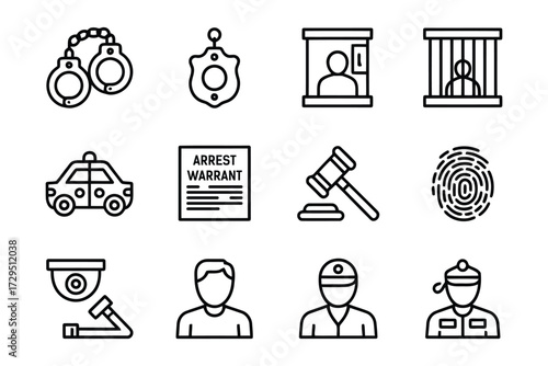 Law enforcement and criminal justice icons related to crime and justice processes in modern society