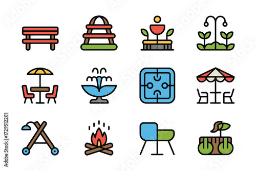 Collection of colorful park and outdoor furniture icons for design projects and illustrations
