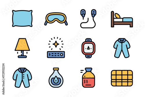 Set of Sleep and Relaxation Icons Flat Vector Illustration Promoting Wellness