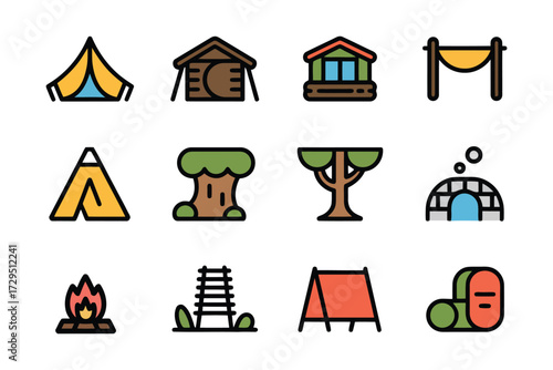 Camping Icons Set Vector Illustration Collection for Outdoor Adventure and Nature Getaways Designs