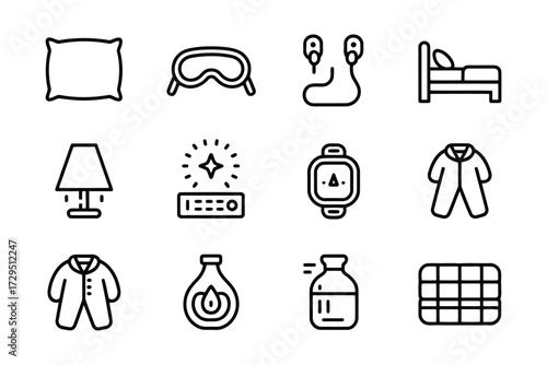 Sleep and bedtime routine icons set for restful night and healthy sleep habits