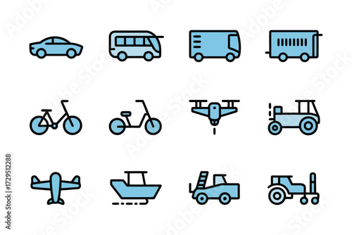 Set of Transportation Icons in Light Blue Color on White Background Ready to Use