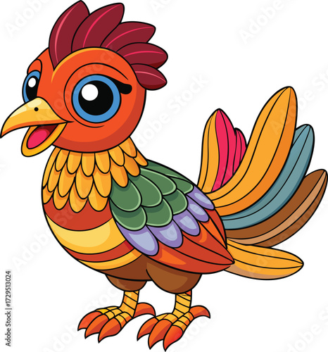 Whimsical cartoon rooster with colorful plumage and big blue eyes