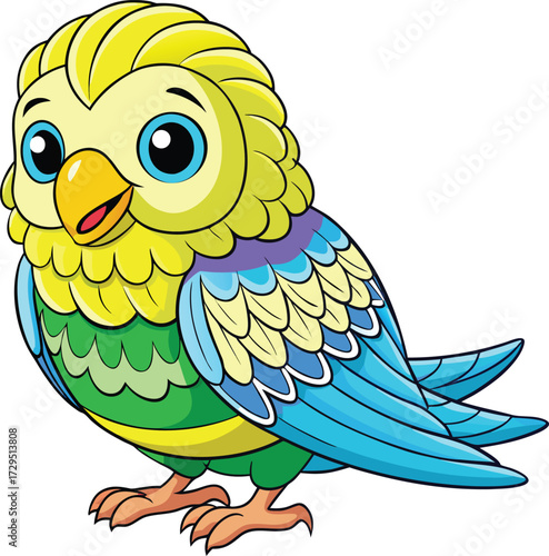 Adorable cartoon budgie bird with bright yellow and blue feathers
