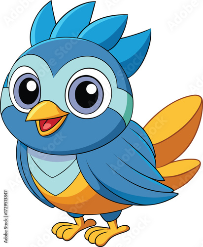 Adorable cartoon blue bird with big eyes and orange belly