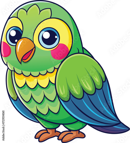 Adorable cartoon green parrot with big blue eyes