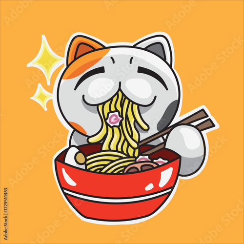 Cat eating ramen, anime illustration