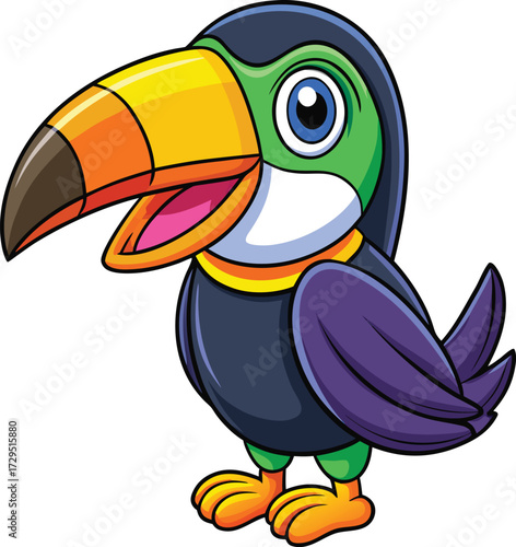 Adorable cartoon toucan with brightly colored beak and purple wings
