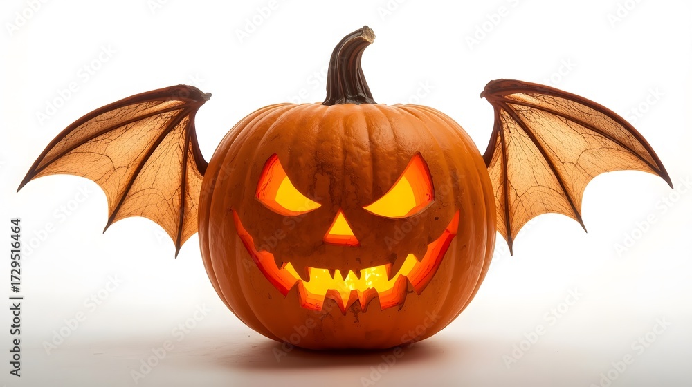 Fototapeta premium Bat-Winged Jack-o'-Lantern Vector with Glowing Face