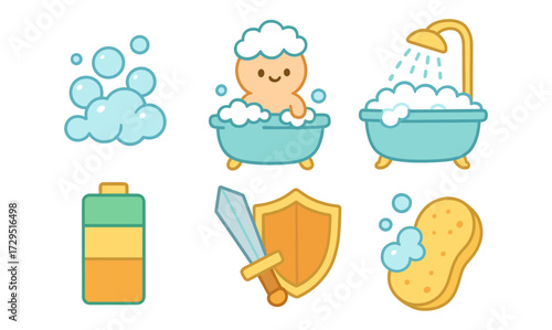 Cute bath time icons: bubbles, shields, and more in cartoon style