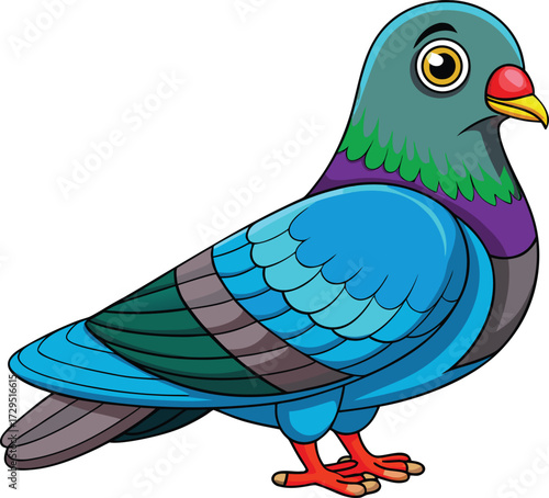 Cartoon pigeon with vibrant blue and green plumage
