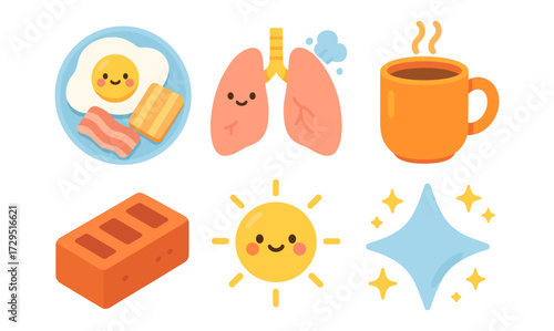 Cute flat style icons: breakfast, lungs, coffee, brick, sun, sparkle