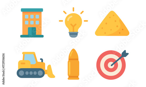 Colorful flat icons set featuring building, light bulb, nacho, bulldozer, bullet, and dartboard