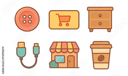 Colorful flat icons set: shopping cart, coffee cup, button, usb cable