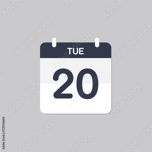 Modern Flat Calendar Icon Displaying Tuesday 20th