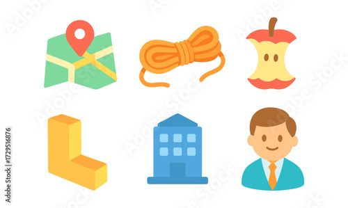 Colorful icon set: map, rope, apple core, 3d block, building, person