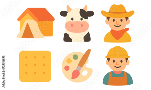 Charming farm life icons featuring farmer, cow, barn, and tools in a playful style