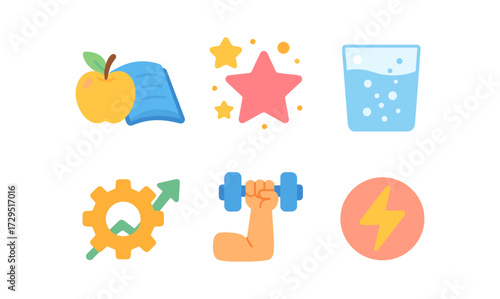 Healthy lifestyle icons: nutrition, fitness, hydration, and growth