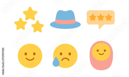 Cute flat emoji and hat icons with star rating and baby face