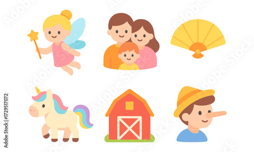 Whimsical cartoon characters and icons with children, unicorn, and fairytale elements