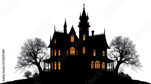 Halloween Haunted House Graphic on White Background