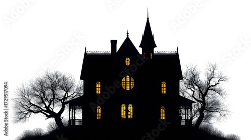 Halloween Haunted House Graphic on White Background