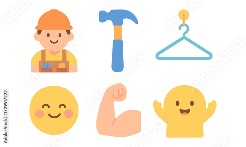 Charming construction and emotions icons in flat cartoon style
