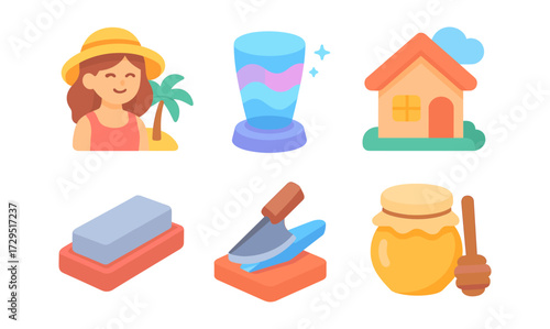 Summer vacation icons: beach, drink, house, brick, honey