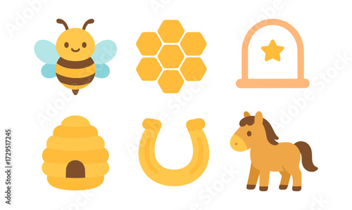 Cute farmyard and honey elements in flat design: bee, horse, and more