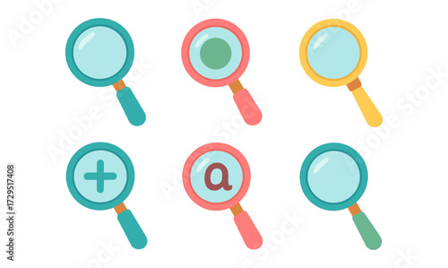 Colorful magnifying glasses with icons in flat design: search and analysis concept