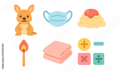 Cute flat icon set featuring kangaroo, face mask, spaghetti, match, towel, and math symbols