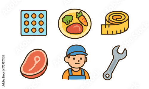 Colorful icons: meal plate, measuring tape, worker, and tools in cartoon style