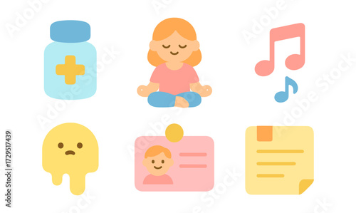 Colorful icons of wellness, music, mindfulness and organization in flat style