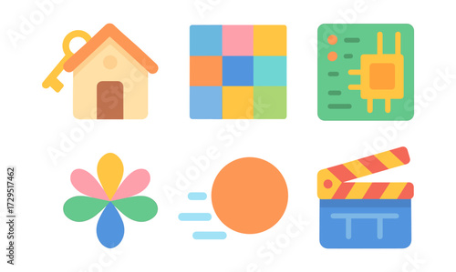 Flat design icons: home, technology, and creative elements in soft colors