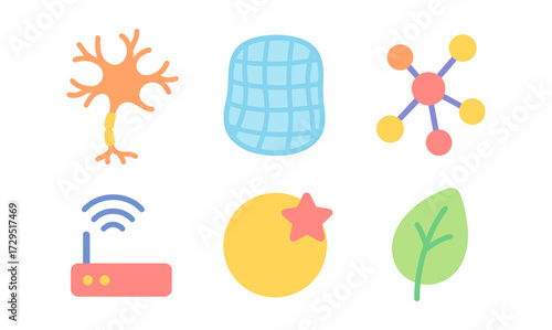 Colorful scientific icons set featuring neuron, network, and nature elements in flat style