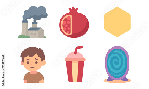 Flat icons: factory, pomegranate, hexagon, sad child, milkshake, mirror