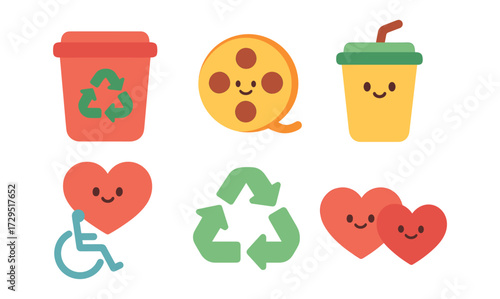 Cute emoji symbols for recycling, movies, and love in flat style