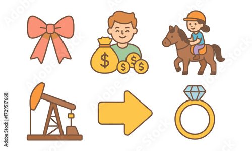 Colorful icons: bow tie, rich man, horse rider, oil pump, arrow, diamond ring